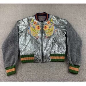 Aviu Bomber Jacket Women S Silver Metallic Leather‎ Floral Embroider Italy Made